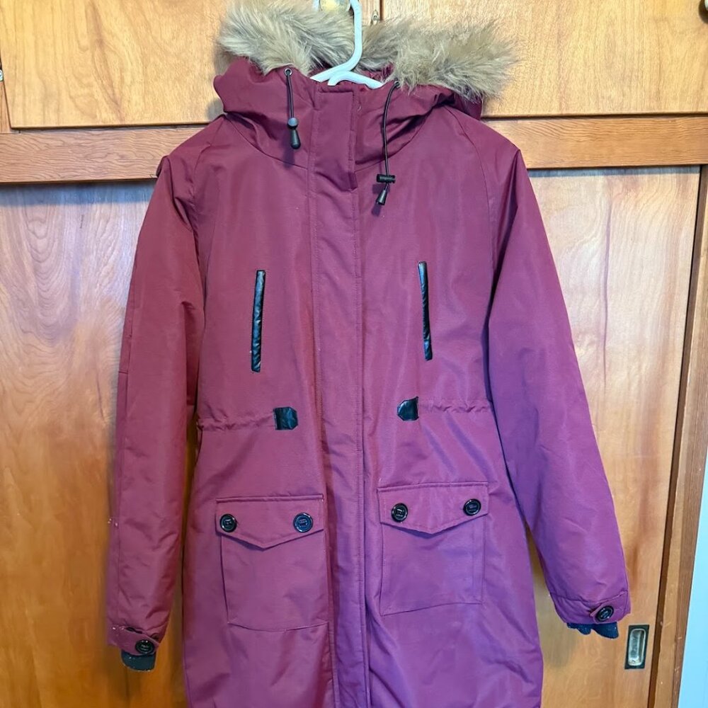 Maroon Parka Winter Jacket with Faux Fur Trimmed Hood